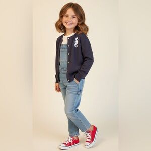 Lands End Girl’s Cardigan Sweater Seahorse 100% Supima Cotton Navy Blue Size 6-8